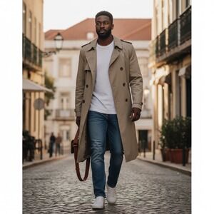 Clipper‎ Mist Double Breasted Tan Trench Coat Classic Style Sz 44R Travel Staple